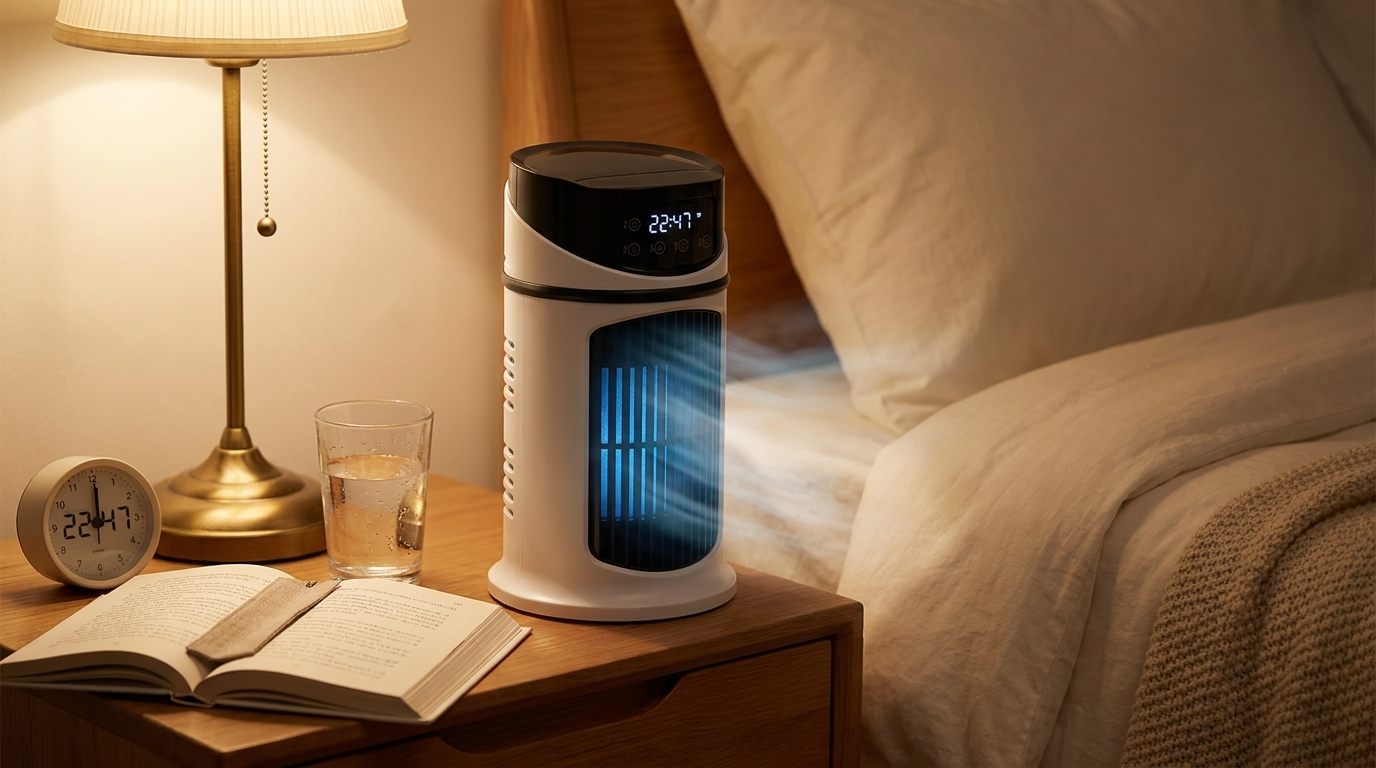 PolarBreeze auf einem Nachttisch im warm beleuchteten Schlafzimmer mit blauem LED-Schimmer und sichtbarem Wassernebel