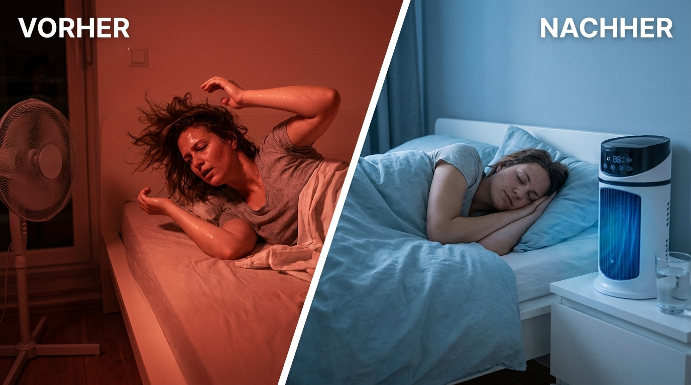 Vorher-Nachher Vergleich: Schwitzen ohne Kühlung vs. entspannter Schlaf mit PolarBreeze