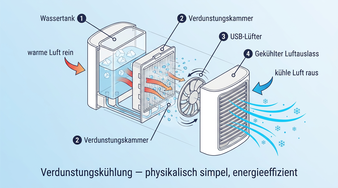 Querschnitt-Diagramm PolarBreeze: Wassertank, Verdunstungskammer mit Eiskristallen, USB-Lüfter, gekühlter Luftauslass
